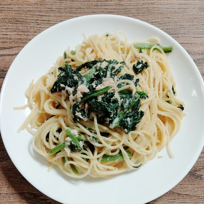 冷凍ほうれん草とツナの和風豆乳パスタ(乳卵不使用)